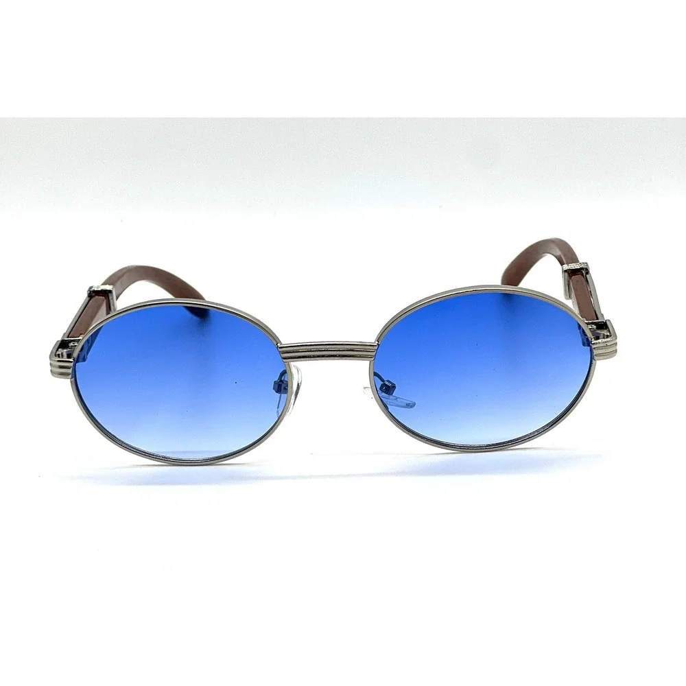 Round Blue Lens Sunglasses‎ Mens Wood Temple Metal Frame Fashion Eyewear LENTES